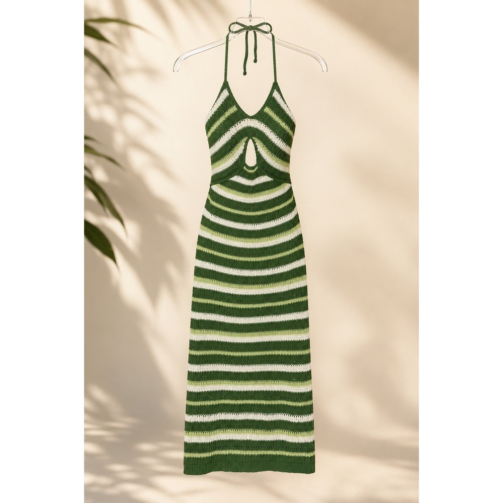 Sincerely Jules Green Striped Knit Maxi Dress M Boho Crochet Cutout Vacation